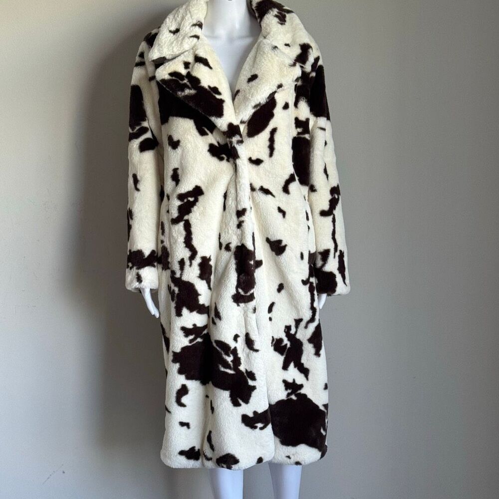 Stoosh Cow Print Faux Fur Coat Dark Brown Crème NWOT